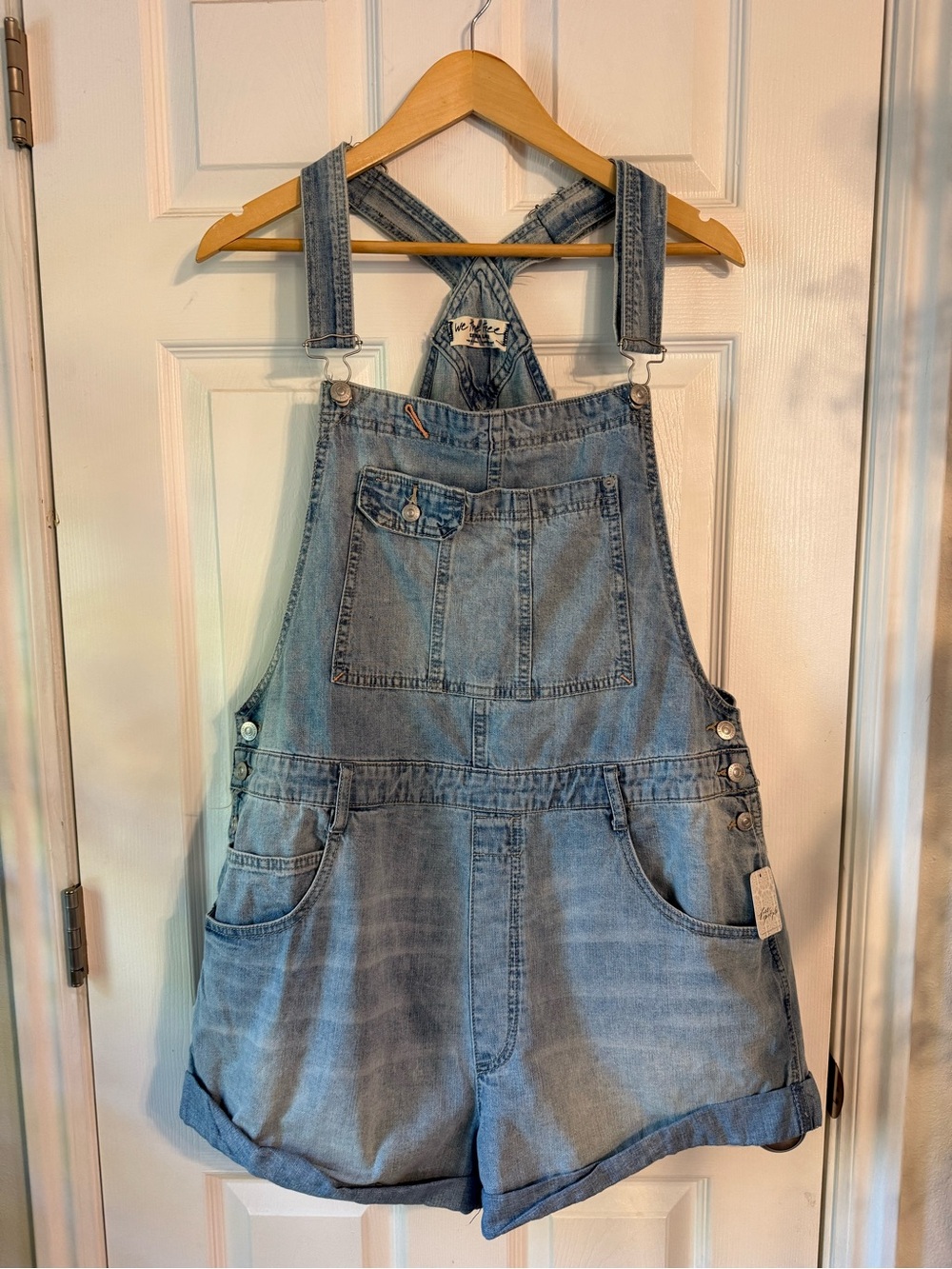 We The Free Light Wash Denim Short Overalls